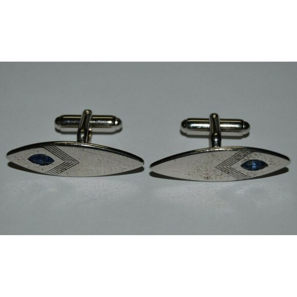 Vintage Large Oval Chrome Silver & Blue Stone Mid Century Modern Cuff Links RARE - Picture 2 of 5